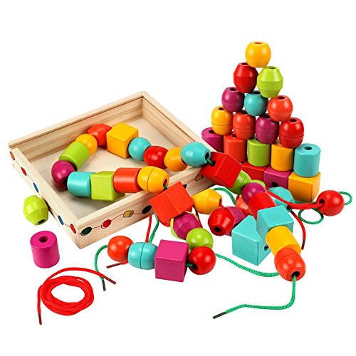 Lewo Lacing Beads for Kids Toddler Toy Wooden Jumbo Primary Lacing Toys for Toddlers Autism Fine Motor Skills Montessori Toys 30 Pcs with 2 Laces