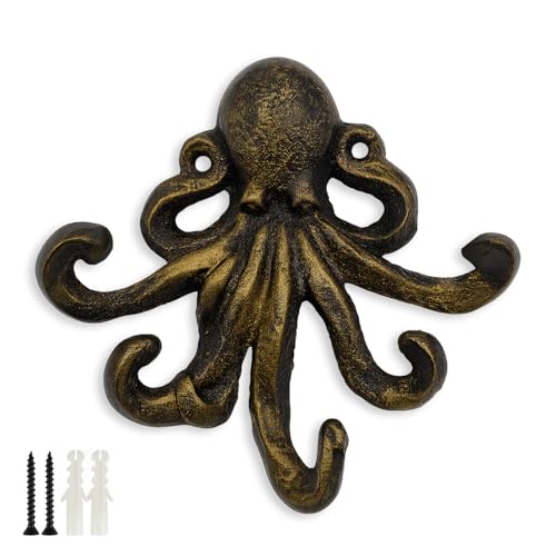 HERNGEE Octopus Key Hooks for Wall, Antique Bronze Cast Iron Decorative Wall Hook Animal Coat Hooks