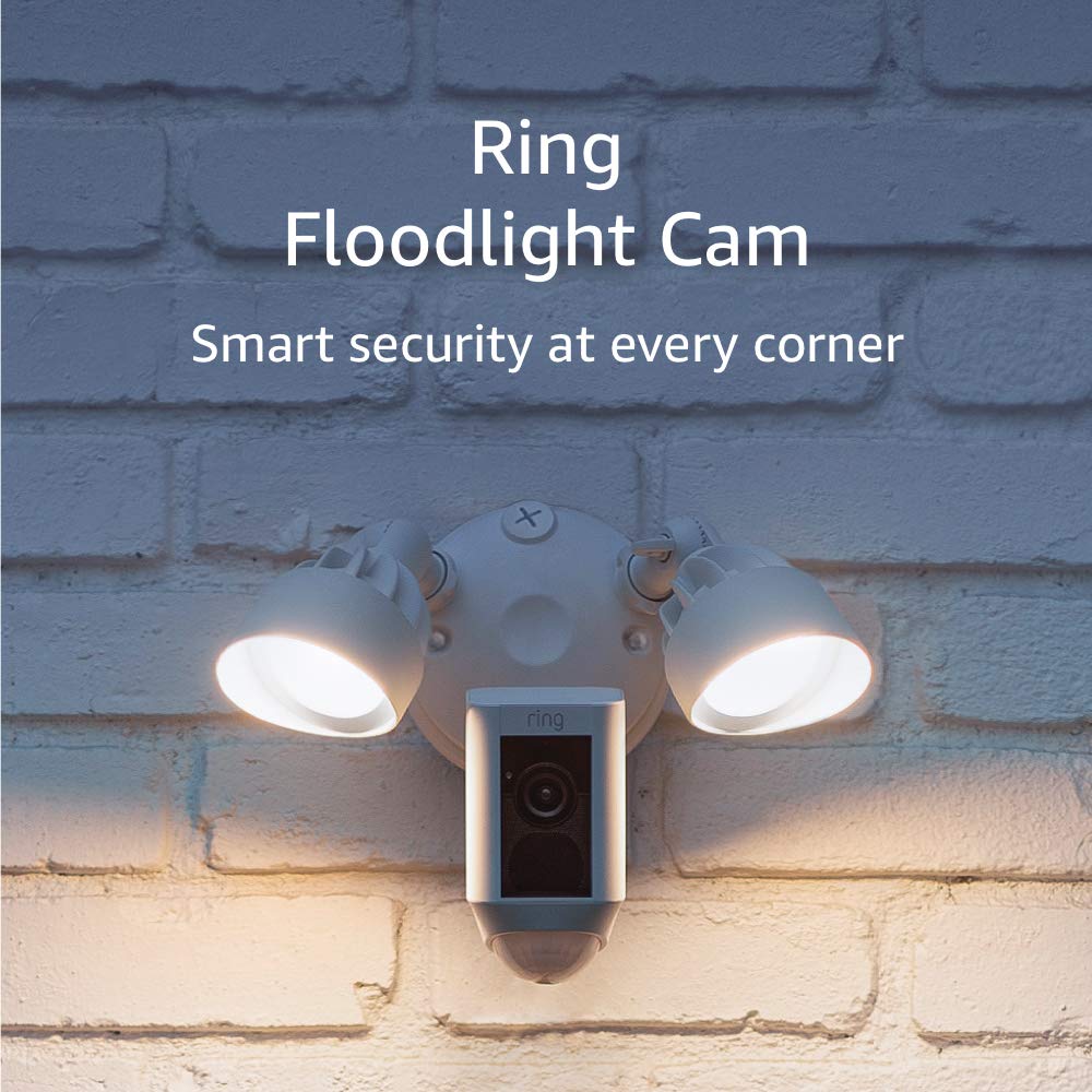 Book Cover Ring Floodlight Camera Motion-Activated HD Security Cam Two-Way Talk and Siren Alarm, White