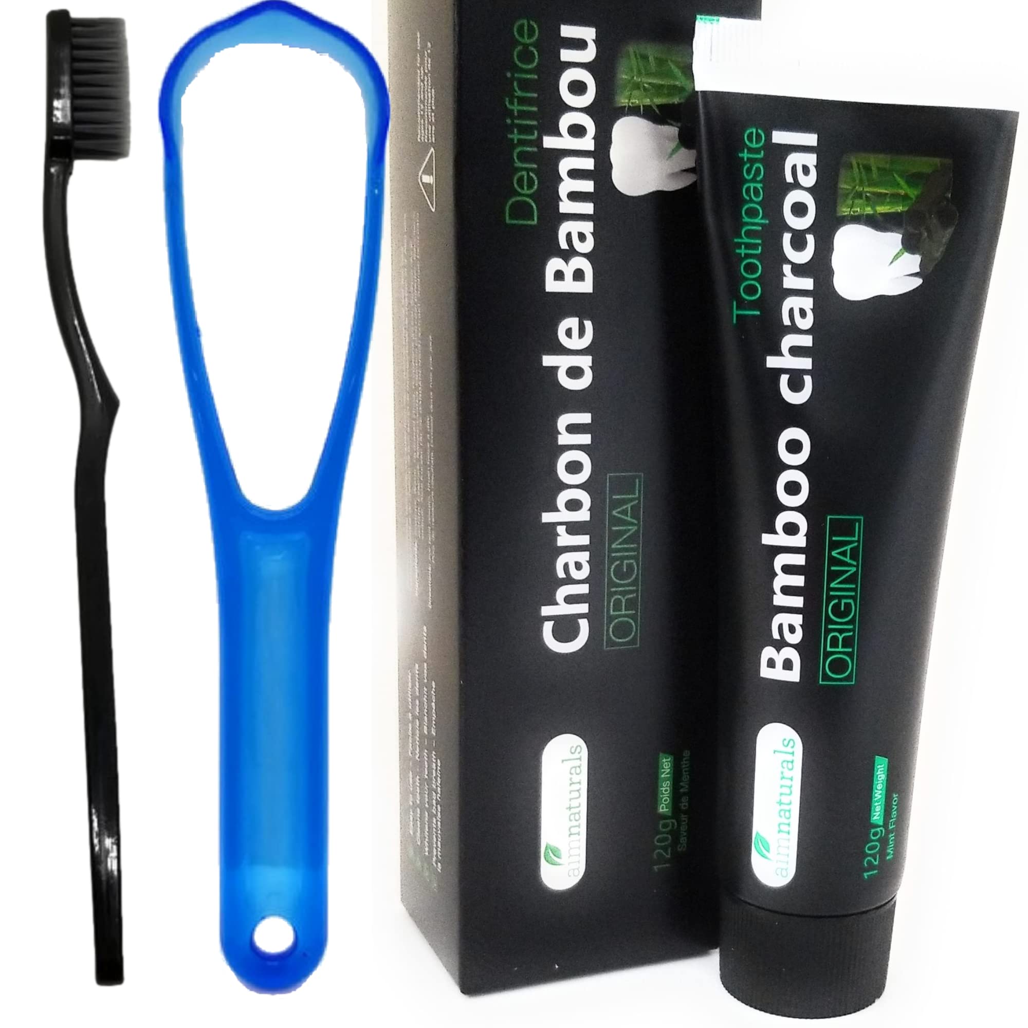 aimnaturals Natural Teeth Whitening Activated Charcoal Powder in Bulk (50g) + High Density Charcoal Toothbrush + Tongue Cleaner + Tips, Tricks, Benefits & Best Use of Activated Charcoal