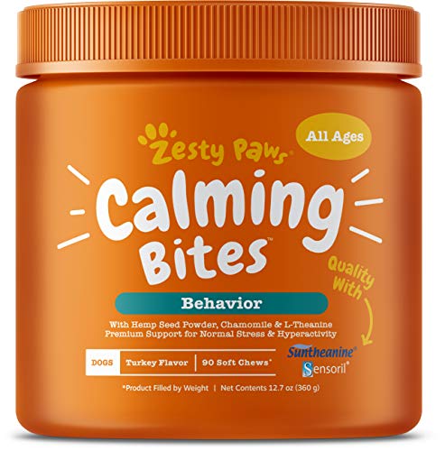 Zesty Paws Calming Bites for Dogs - Anxiety Composure Relief with Suntheanine - for Dog Stress & Separation Aid in Fireworks, Thunder + Chewing & Barking - Turkey Flavor - 90 Count Soft Chews
