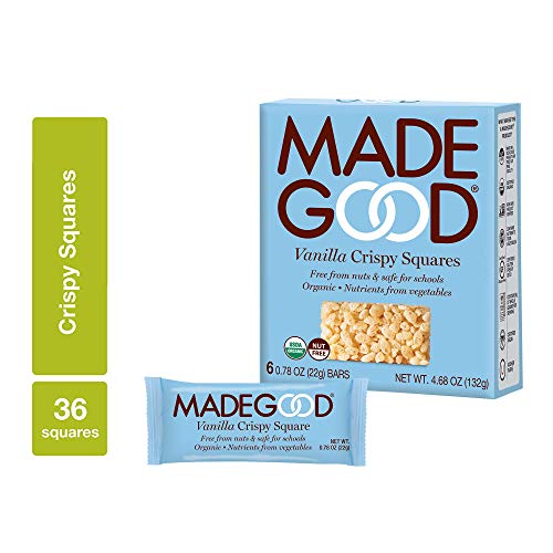 Book Cover MadeGood Vanilla Crispy Squares, 6 Pack (36 count); Crunchy Rice with Smooth Rich Vanilla; Contains Nutrients of One Full Serving of Vegetables; Gluten-Free, Nut-Free, Organic, Vegan, Non-GMO Treat