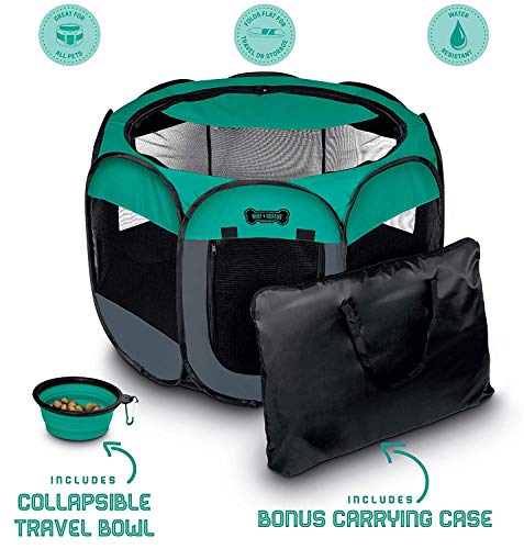 Book Cover Ruff 'n Ruffus Portable Foldable Pet Playpen + Carrying Case & Collapsible Travel Bowl (Medium (29