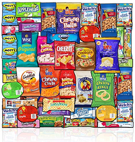 Book Cover Blue Ribbon Care Package (45 Count) Ultimate Sampler Mixed Bulk Bars Cookies, Chips, Candy Snacks Variety Box Pack Office Schools Family Military Treats College Students Father's Day Gift Basket