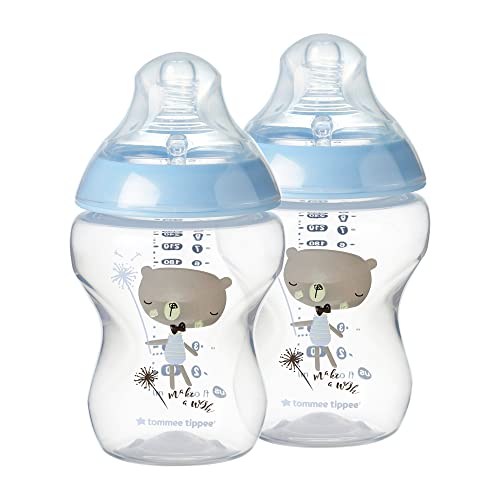 Tommee Tippee Closer to Nature Baby Bottles, Blue | Slow Flow Breast-Like Nipple with Anti-Colic Valve (9oz, 2 Count)