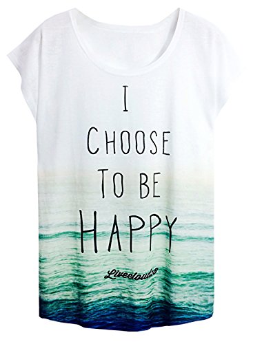 futurino Women's I Choose to Be Happy Ocean Waves Letter Print T Shirt Tops