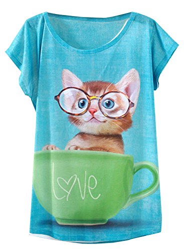 futurino Women's Lovely Cup Cat in Teacup Print Short Sleeve T Shirt Tops