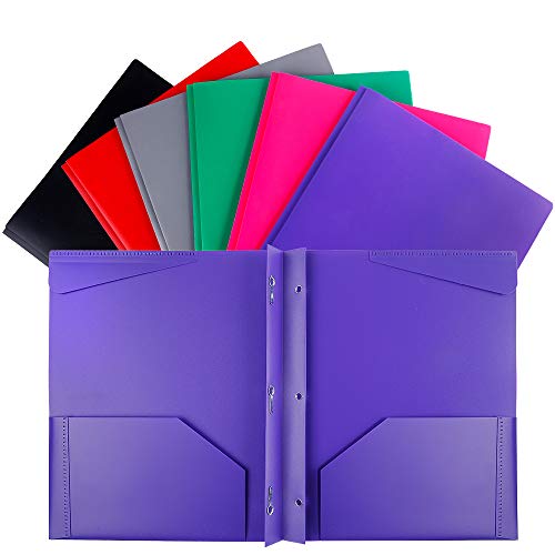 Book Cover INFUN Plastic Pockets Folders with Brads, Heavy Duty School Folders with Prongs and Pockets, Letter Size Multicolor Folders, 6 Pack