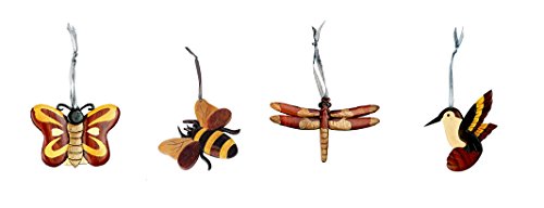 SanAndCo Set of 4 Handmade Double Side Intarsia Wood Garden Critter Ornaments - Hummingbird Dragonfly Bee Butterfly