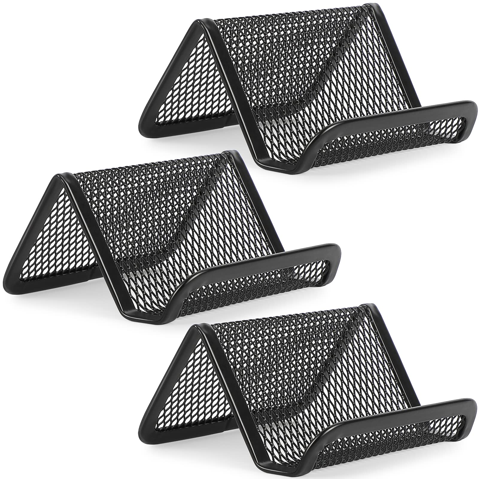 MaxGear Business Card Holder for Desk Metal Business Card Display Holders Mesh Business Cards Holder Stand 3 Pack Desktop Name Card Organizer, Capacity: 50 Cards, Black