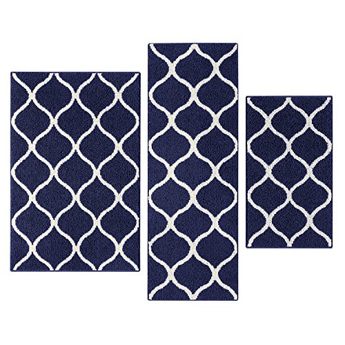 Book Cover Maples Rugs Kitchen Rug Set - Rebecca [3pc Set] Non Kid Accent Throw Rugs Runner [Made in USA] for Entryway and Bedroom, Navy Blue/White
