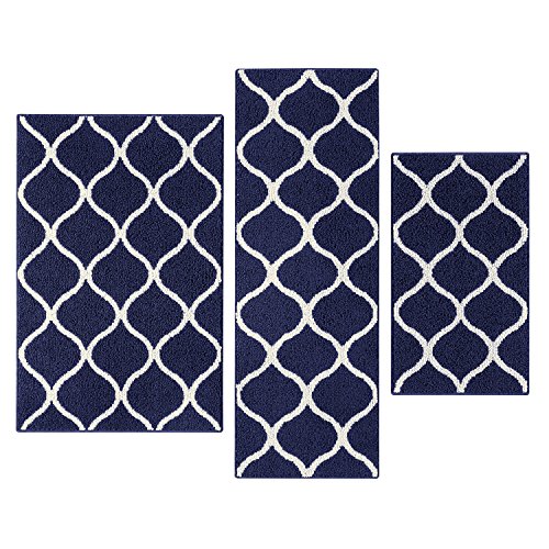 Maples Rugs Kitchen Rug Set - Rebecca [3pc Set] Non Kid Accent Throw Rugs Runner [Made in USA] for Entryway and Bedroom, Navy Blue/White