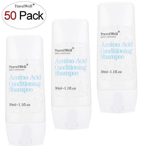 TRAVELWELL Hotel Toiletries Amenities Travel Size Guest Shampoo & Conditioner 2 in 1, 1.0 Fl Oz/30ml, Individually Wrapped 50 Bottles per Box