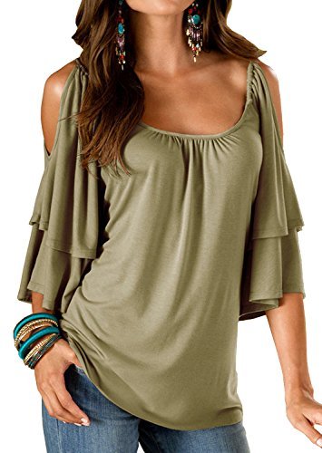 Merryfun Women's Summer Cold Shoulder Ruffle Sleeve Loose Stretch Tops Tunic Blouse Shirt