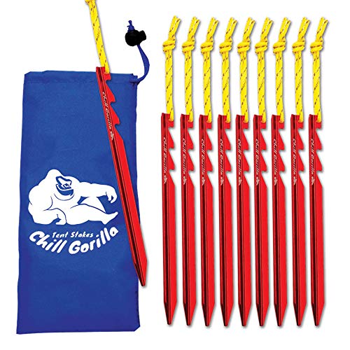 Chill Gorilla 10X tent stake. Heavy duty lightweight strong aluminum alloy pegs for camping, rain tarps, hiking, backpacking. Essential camping & survival gear. ENO Accessory. Red