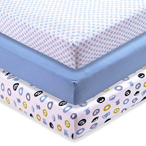 M&Y Fitted Crib Sheets Boy (3-Pack, 52x28x9in, Blue), 100% Jersey Knit Cotton Organic, Fits Standard Crib Mattresses, Super Soft and Safe for Baby
