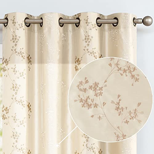 jinchan Floral Embroidered Curtains for Living Room - 84 Inch Long Faux Silk Light Gold Grommet Top Flower Patterned Light Filtering Window Curtain Set 2 Panels