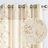 jinchan Floral Embroidered Curtains for Living Room - 84 Inch Long Faux Silk Light Gold Grommet Top Flower Patterned Light Filtering Window Curtain Set 2 Panels