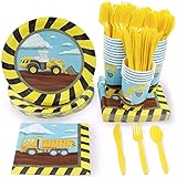 Juvale Under Construction Disposable Dinnerware Set - Serves 24 Round Paper Plates, Napkins & Cups in Yellow, Black & Blue - Construction Birthday Party Supplies for Boys & Disposable Party Tableware