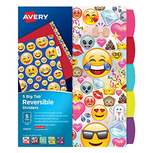 Avery Big Tab Reversible Fashion Dividers, Emojis, 5-Tab Set (24974)