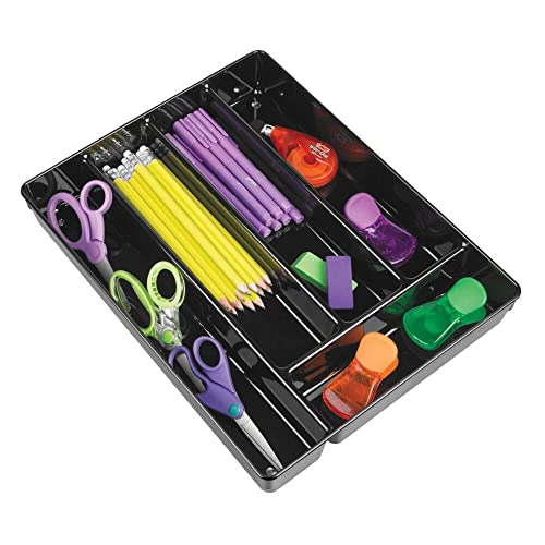 mDesign Plastic Divided Office Desktop and Drawer Storage Organizer Tray Holder for Office Supplies, Gel Pens, Pencils, Markers, Washi Tape, Erasers, Paperclips, Staplers - 2" High - Black
