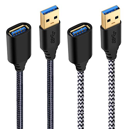 Book Cover USB Extension Cable, Besgoods 2-Pack Braided 6ft USB 3.0 Extension Cable USB Extender A Male to A Female Cable Compatible Mouse, Keyboard, Printer, Scanner, Hard Drive - Black White