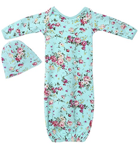 Posh Peanut Infant Gown - Unisex Soft Baby Clothes - Viscose from Bamboo Infant Layette Swaddle Wear- 0-3 Months (Aqua Floral)