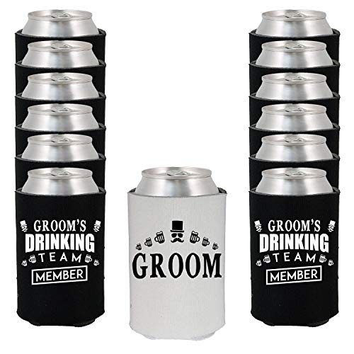 Shop4Ever Groom and Groom’s Drinking Team Member Can Coolie ~ Wedding Bachelor Party Beer Can Sleeve Coolers ~ (Member, Blk, 13 Pk)