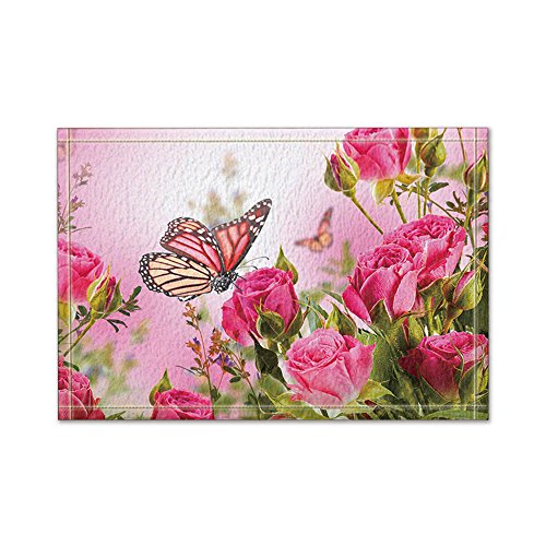 Book Cover NYMB Flower Decor Butterfly Fliying on The Pink Rose Bath Rug, Non-Slip Floor Entryways Outdoor Indoor Front Door Mat, Flowers Violets and Pansies Bath Mat Bathroom Rugs, 15.7X23.6in