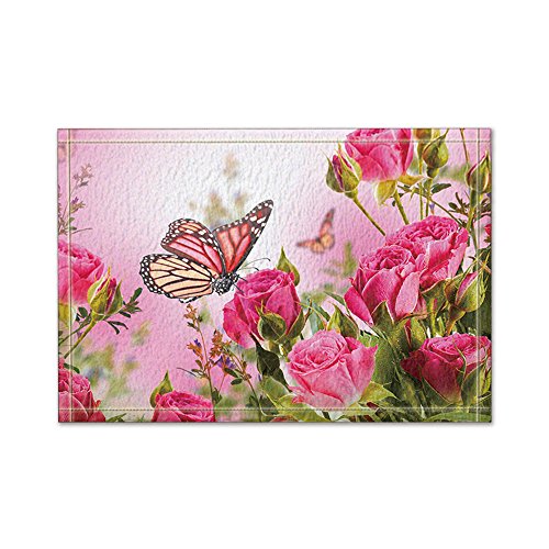 NYMB Flower Decor Butterfly Fliying on The Pink Rose Bath Rug, Non-Slip Floor Entryways Outdoor Indoor Front Door Mat, Flowers Violets and Pansies Bath Mat Bathroom Rugs, 15.7X23.6in