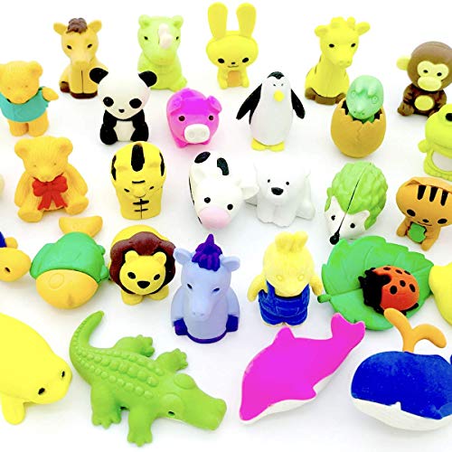O'Hill Pack of 32 Pencil Erasers Zoo Animal Erasers Puzzle Erasers for Party Favors, Games Prizes, Carnivals and School Supplies