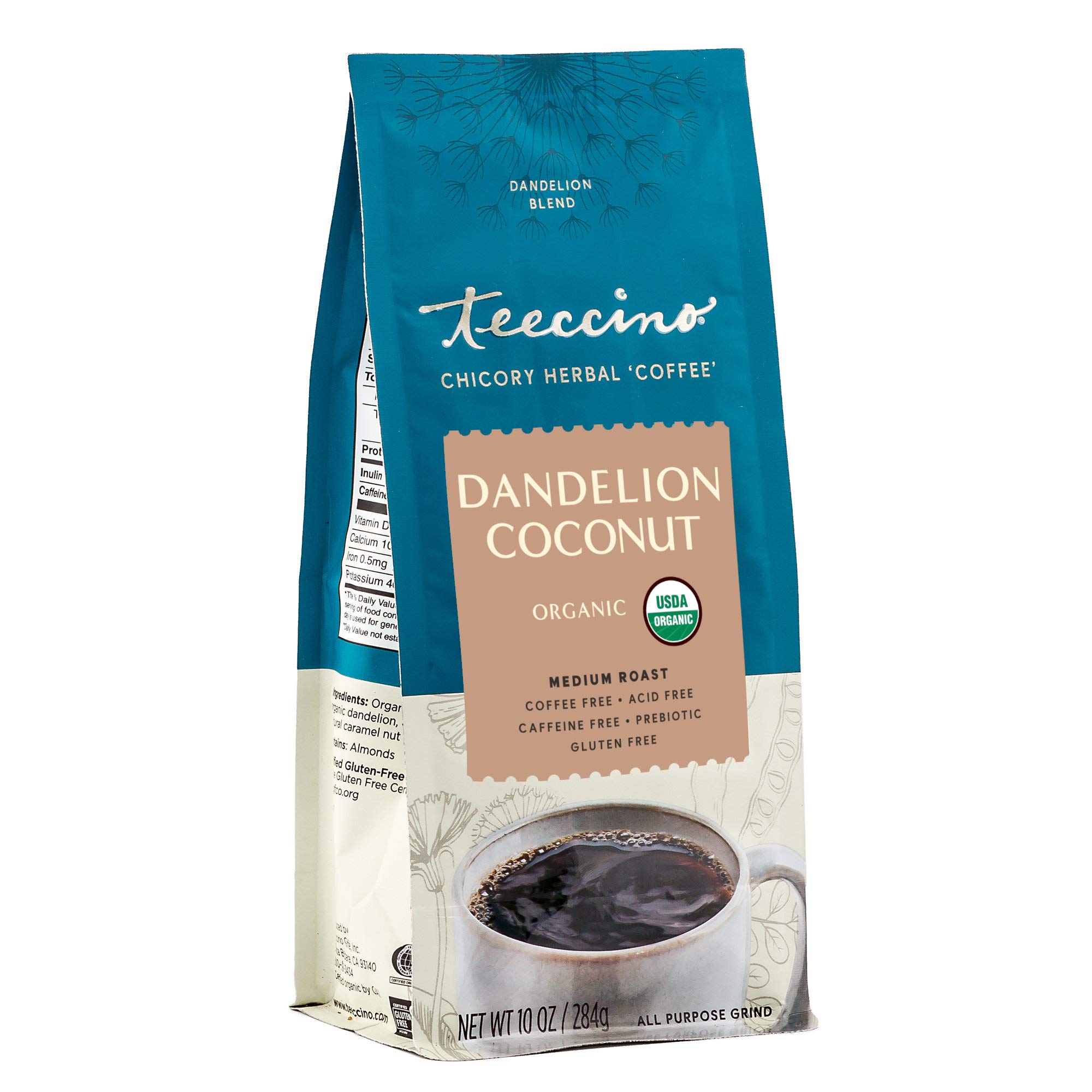 Teeccino Dandelion Root Herbal Coffee - Coconut - Caffeine-Free Coffee Alternative with Prebiotics, Gluten Free, Acid Free - Medium Roast, 10 oz