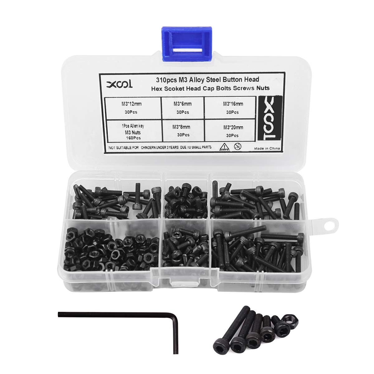 XOOL M3 310PCS Stainless Steel Hex Socket Head Cap Screws Nuts Assortment Kit, Allen Wrench Drive, Precise Metric Bolts and Nuts Set with Beautiful Assortment Tool Box for 3D Printed Project 310PCS Black