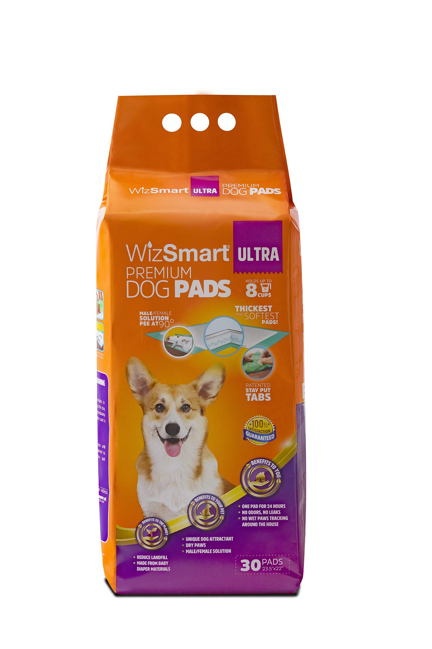 WizSmart Heavyweight Ultra 30 Count Earth-Friendly & Premium Dog and Puppy Potty Training Pads, Quick Drying, Absorbent, Upcycled, Odor-Free, and Secure with Stay Put Tabs 8 Cup Ultra 30 Count