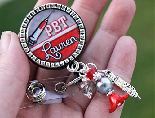 Personalized PBT Phlebotomist phlebotomy needle syringe Badge Reel pull ID holder Gift Custom your choice of colors red and grey chevron ID document holder name tag bling cute badge reel pull