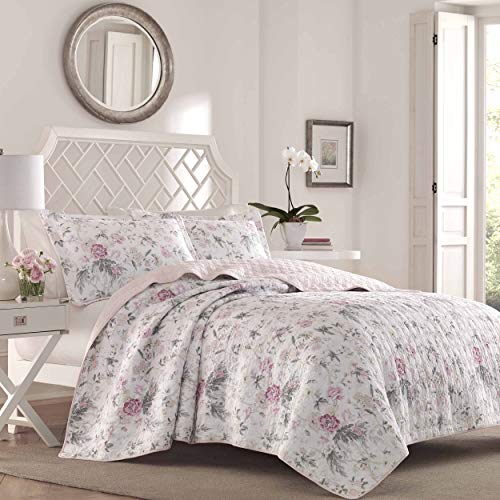 Book Cover Laura Ashley Home Breezy Floral Collection Luxury Premium Ultra Soft Quilt Coverlet, Comfortable 3 Piece Bedding Set, All Season Stylish Bedspread, King, Pink and Grey