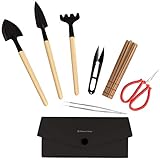 Bonsai Tree Plant Tool Kit - Includes: Wooden Rake, Long & Wide Spades, Scissors, Tweezers, Bamboo Brush, and Pruning Shears (Trimmer/Clipper) in Fabric Storage Holder : Bonsai Tools (Tool Kit)