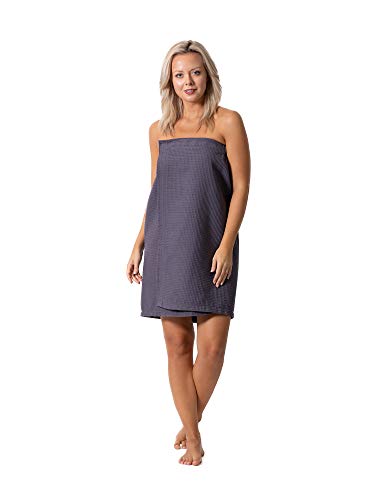 Turkish Linen Women’s Waffle Spa Body Wrap with Adjustable Closure (One Size, Gray)
