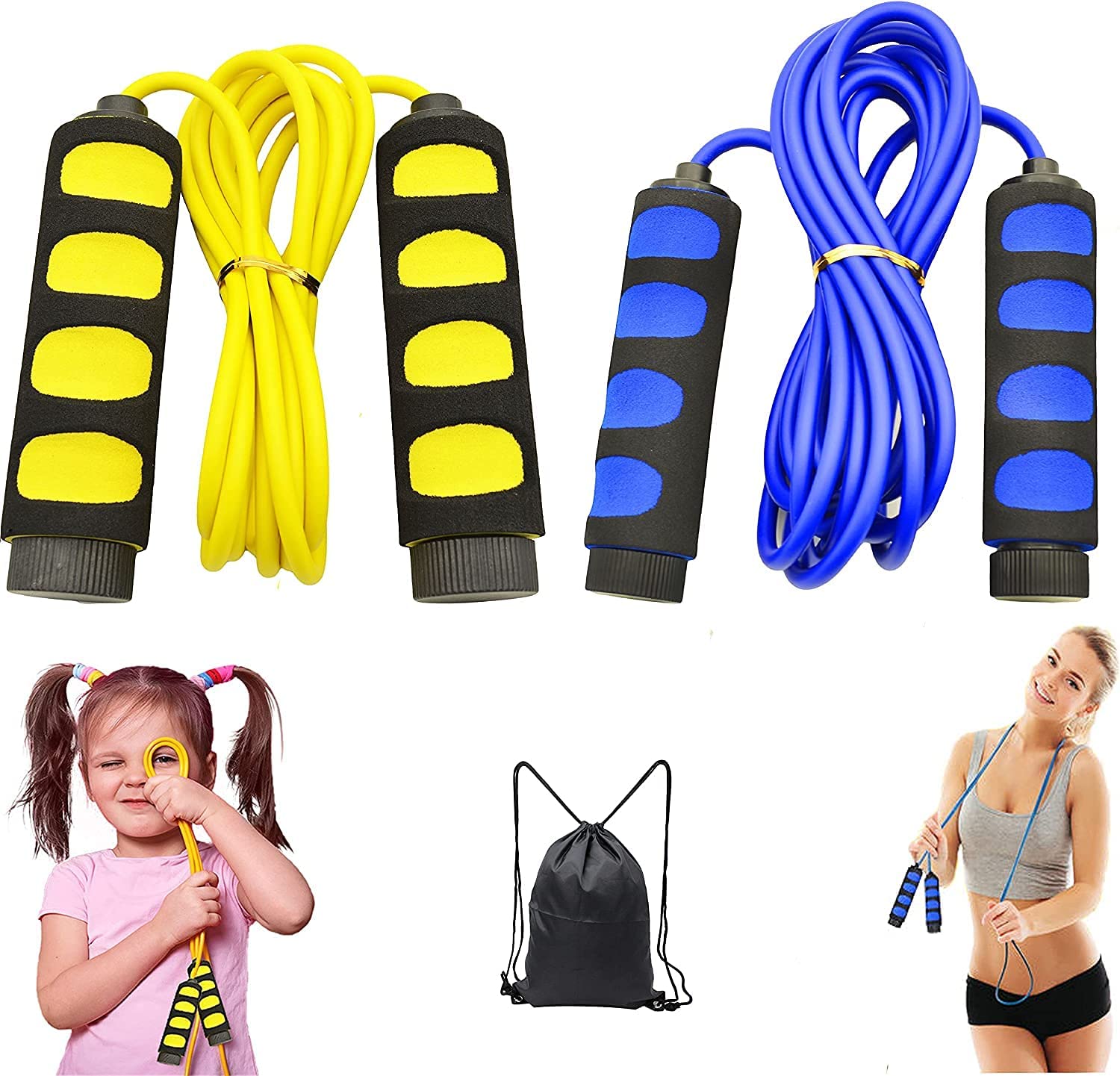 Ponydash Jump Rope, Jump Ropes for Kids, 2 Pack Kids Jump Rope Lightweight &Adjustable &Durable jumping rope for Fitness-Speed Jump Rope for Women Men Youth, Foam Grips Handles for, Workout Blue+Yellow
