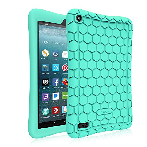 Fintie Silicone Case for Amazon Fire 7 Tablet (Previous Generation 7th, 2017 Release) - [Honey Comb Upgraded Version] [Kids Friendly] Light Weight [Anti Slip] Shock Proof Protective Cover, Turquoise