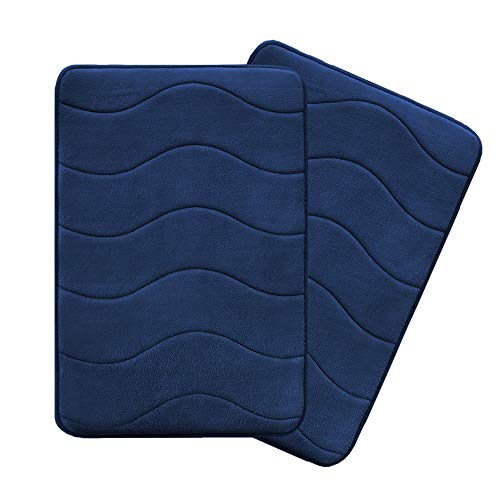 Flamingo P Microfiber Memory Foam Fieldcrest Luxury Bath Rugs Ultra Soft Floor Mats Tufted Bath Rug Non-Slip Backing Microfiber Door Mat, 17-Inch by 24-Inch, Navy Waved Pattern, Two Pieces