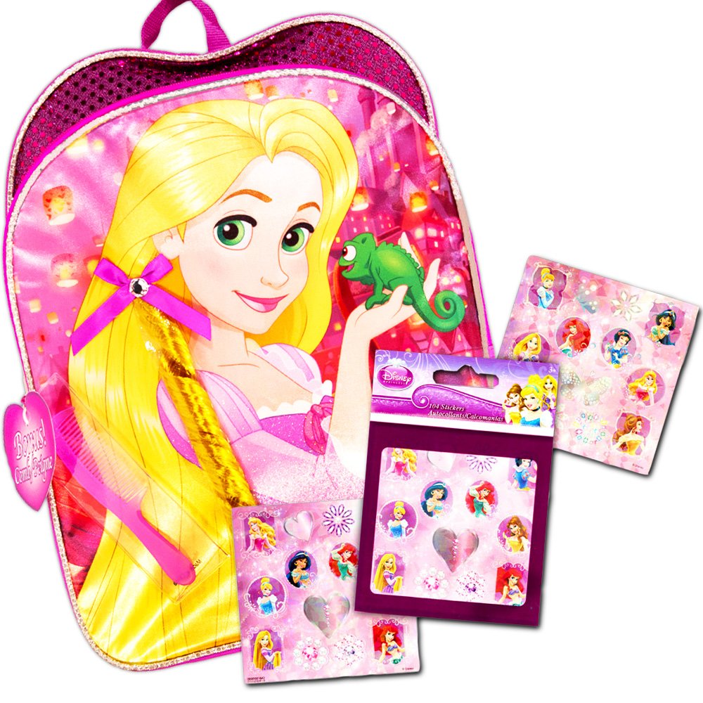 Rapunzel Backpack Disney Princess with Hair and Comb (16" Deluxe Tangled Backpack with Stickers)