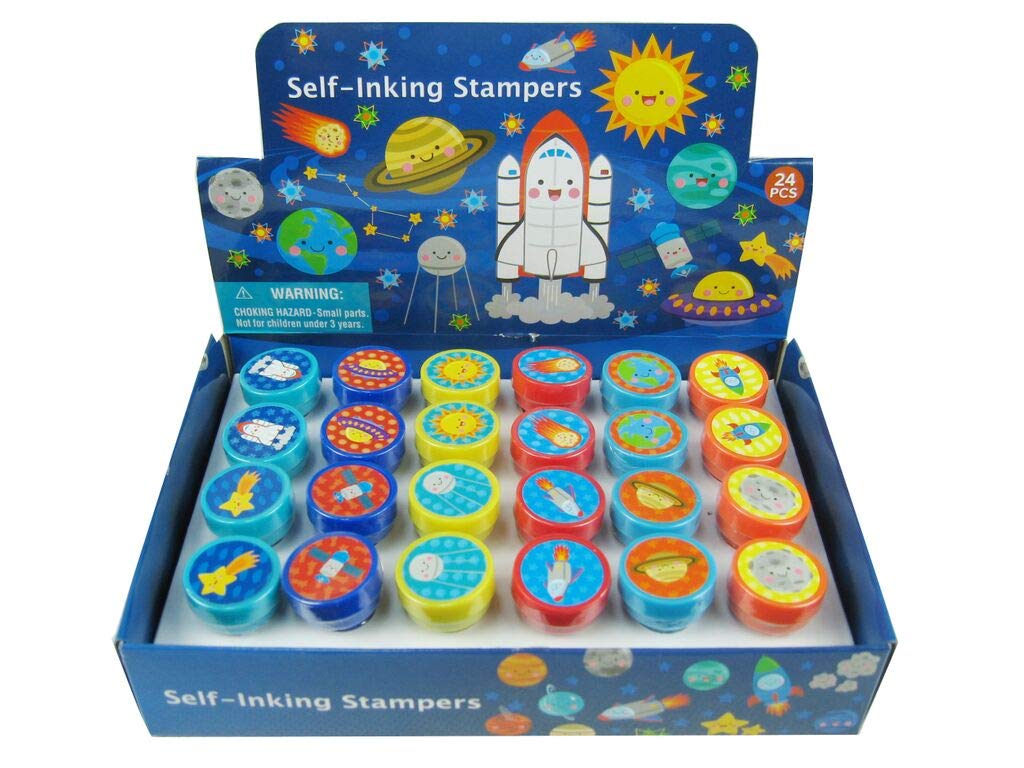 Tiny Mills 24 Pcs Outer Space Stampers for Kids Party Favor Goodie Bag Stuffers Pinata Fillers Classroom Rewards Carnival Prizes Rocket Space Galaxy Party Supplies Sunday School Rewards