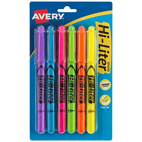 Book Cover Avery Hi-Liter Pen-Style Highlighters, Smear Safe Ink, Chisel Tip, 6 Assorted Color Highlighters (23565)