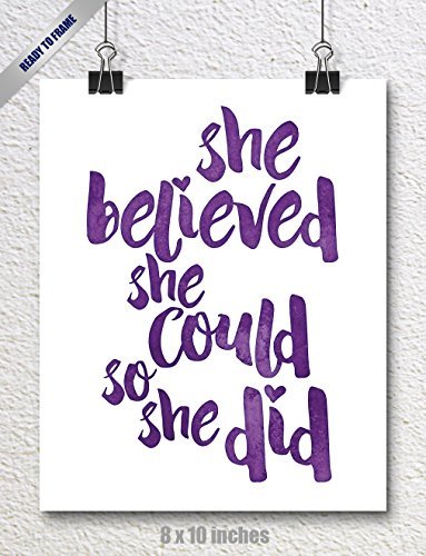 Book Cover 8 x 10 Inch She Believed She Could So She Did Purple Watercolor Art Print Inspirational Modern Wall Art Poster Decor for Women, Teens and Girls | SPUNKYsoul Designs