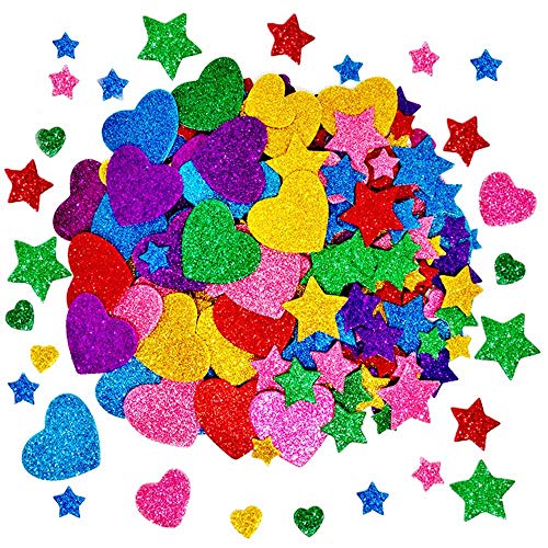 Book Cover 260 Pieces Colorful Glitter Foam Stickers Self Adhesive Stars Mini Heart Shapes Glitter Stickers, Kid's Arts Craft Supplies Greeting Cards Home Decoration Stars&Heart Shapes