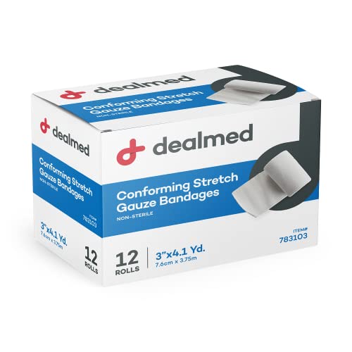 Dealmed 3" Non-Sterile Conforming Stretch Gauze Bandages, 4.1 Yards Latex Free Stretched Dressing Wrap, Medical Non-Adherent Wound Care Mesh Bandages (Box of 12 Rolls)