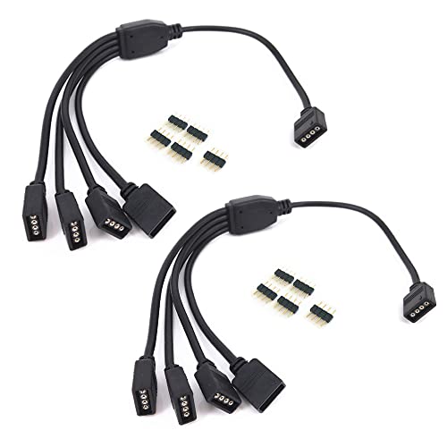 HUALAND 2 pcs Black 4 Pins LED Splitter Cable LED Strip Connector 4 Way Splitter Y Splitter for One to Four RGB 5050 3528 LED Light Strips with 10x Male 4 Pin Plugs -30cm/11.81inch Long