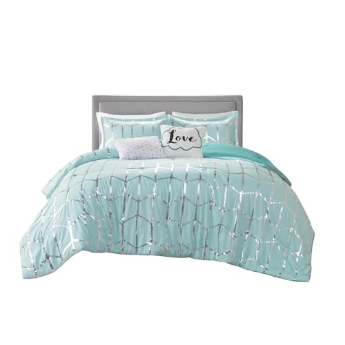 Intelligent Design Raina Comforter Microfiber Metallic Print Geometric Design Embroidered Toss Pillow Modern Trendy Casual All Season Bedding Set Matching Sham, Full/Queen, Aqua/Silver 5 Piece