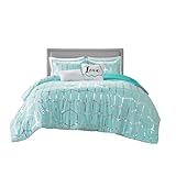 Intelligent Design Raina Comforter Microfiber Metallic Print Geometric Design Embroidered Toss Pillow Modern Trendy Casual All Season Bedding Set Matching Sham, Full/Queen, Aqua/Silver 5 Piece